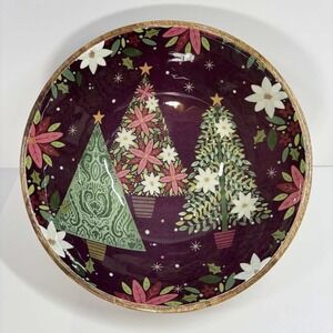 Christmas Trees Holiday Enameled‎ Mango Wood Bowl 10" X 5" Burgundy